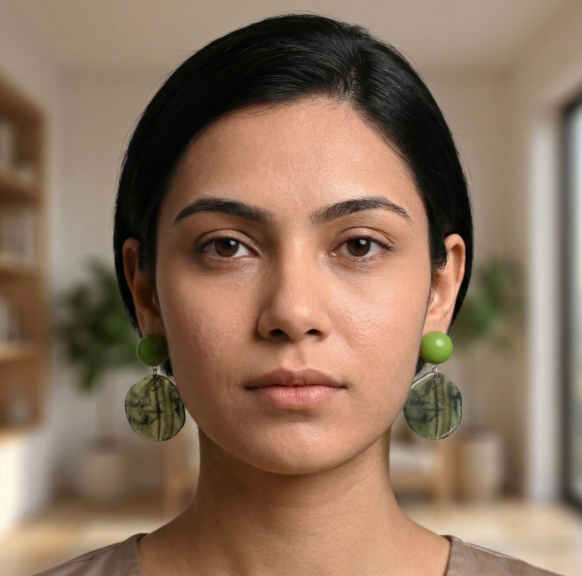 Translucent Green Disc Drop Earrings Silver Tone Detail
