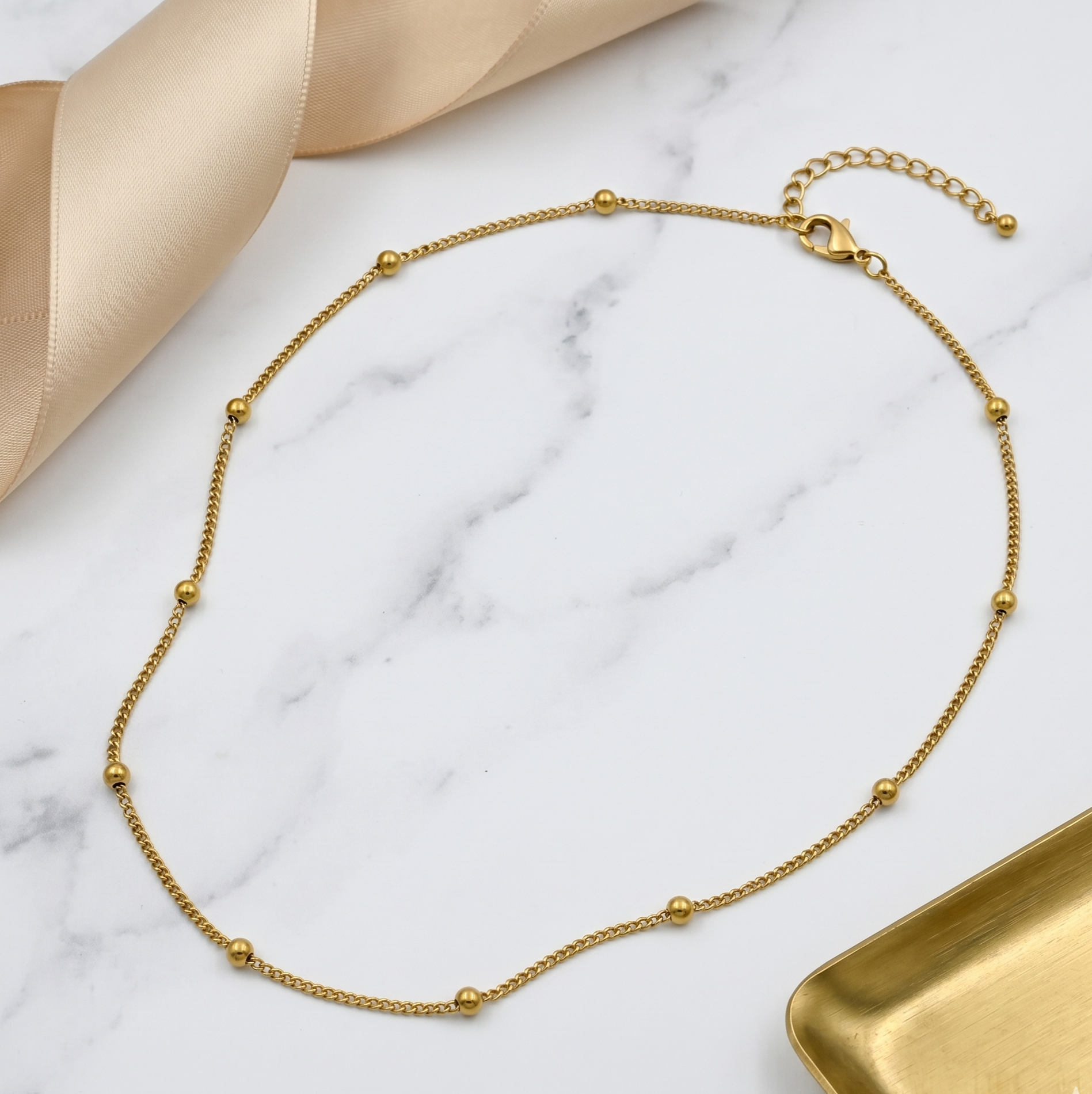 18K Gold Satellite Bead Necklace for Women – Stainless Steel Chain