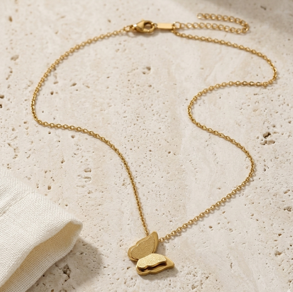 Gold Butterfly Pendant Necklace for Women – Minimalist Stainless Steel Necklace