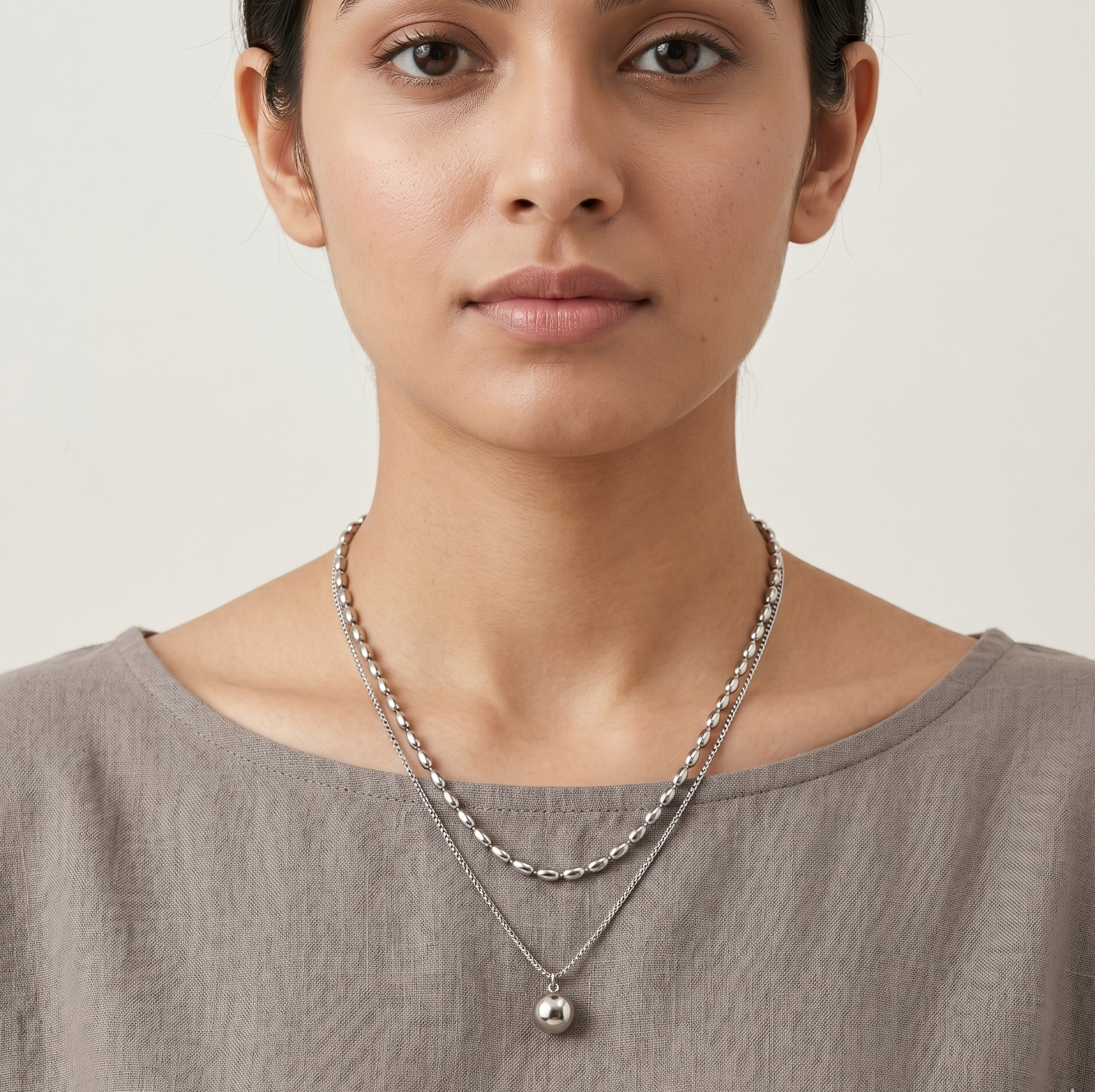 Layered Silver Bead Pendant Necklace for Women