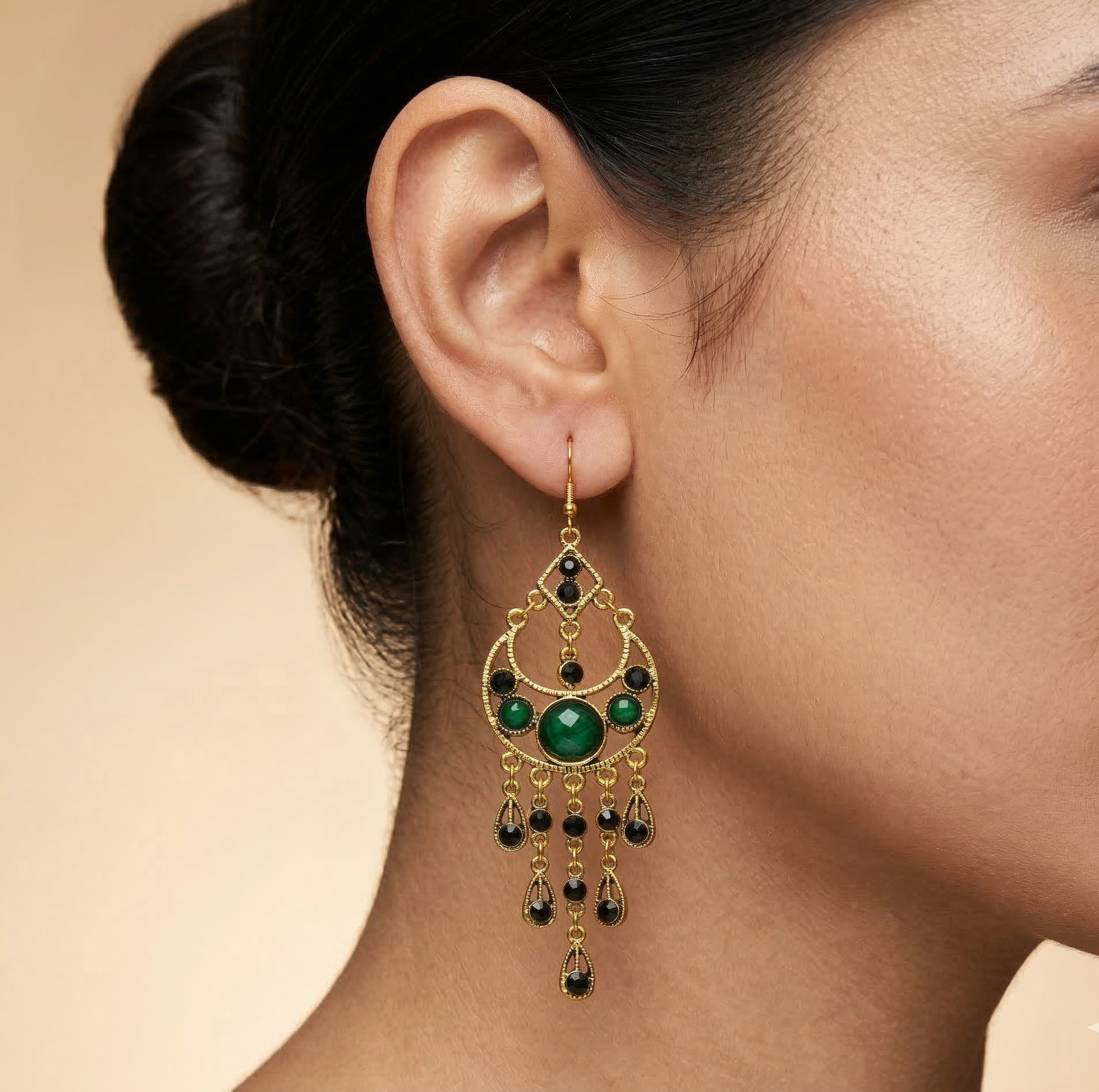 Bohemian Green Stone Tassel Earrings Gold Tone Alloy