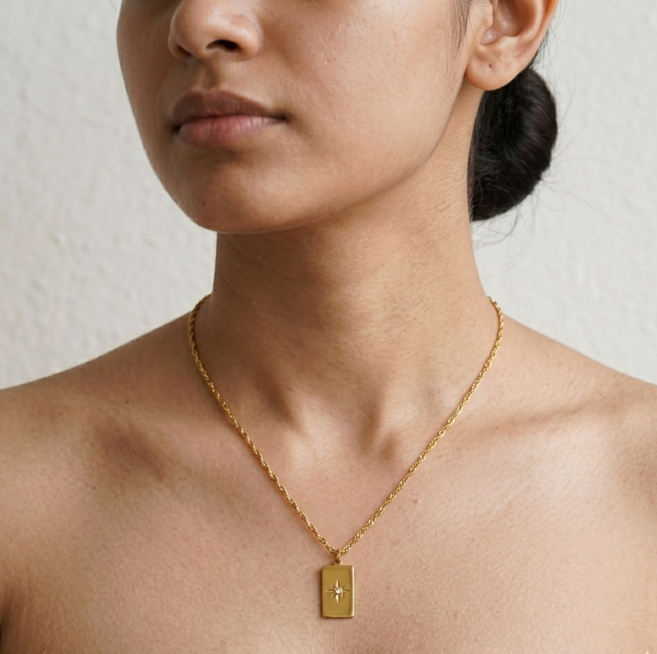 18K Gold Starburst Pendant Necklace for Women – Rectangle Pendant Chain