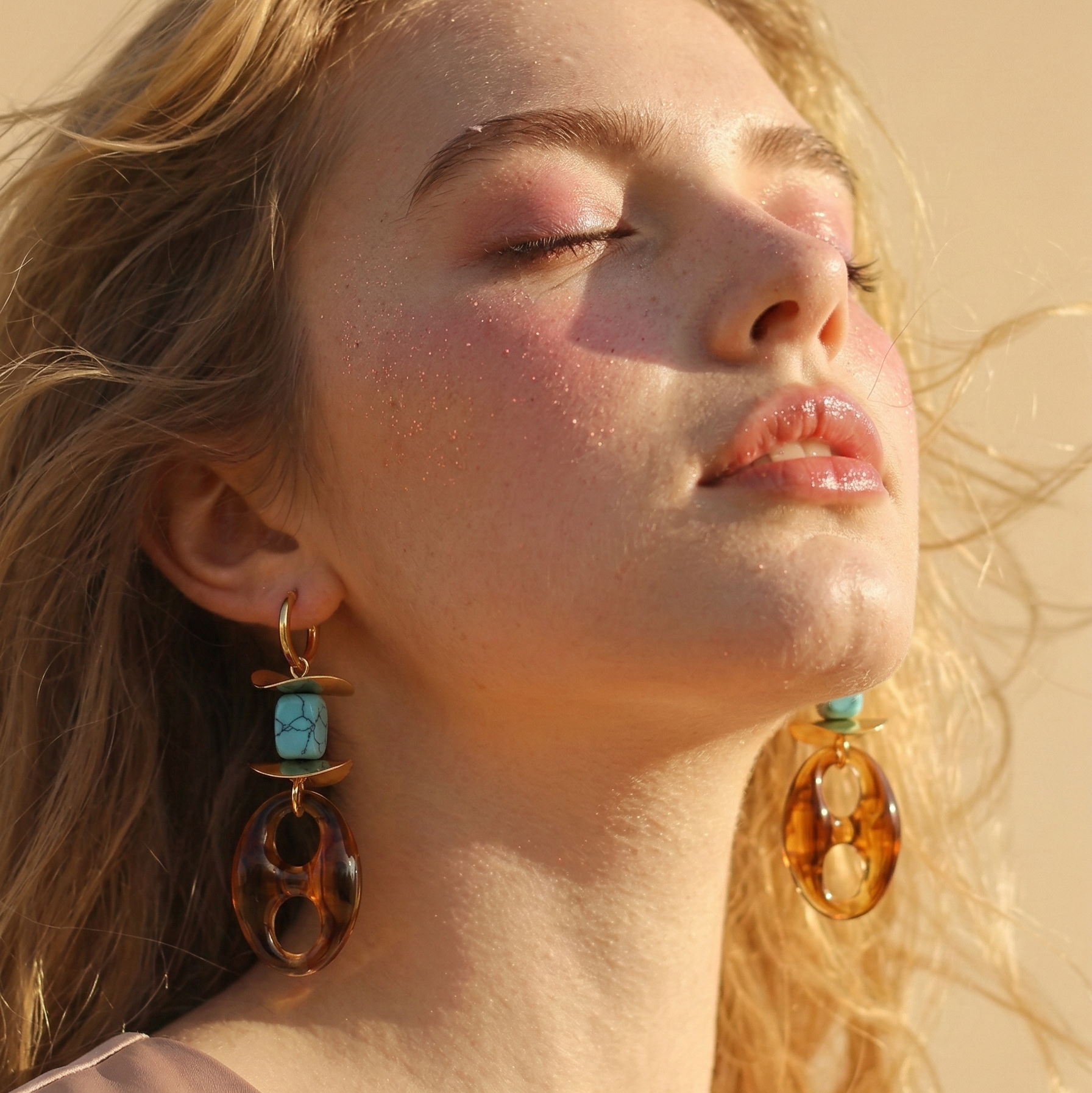 Gold Plated Resin Drop Earrings with Green Stone Bead and Stainless Steel