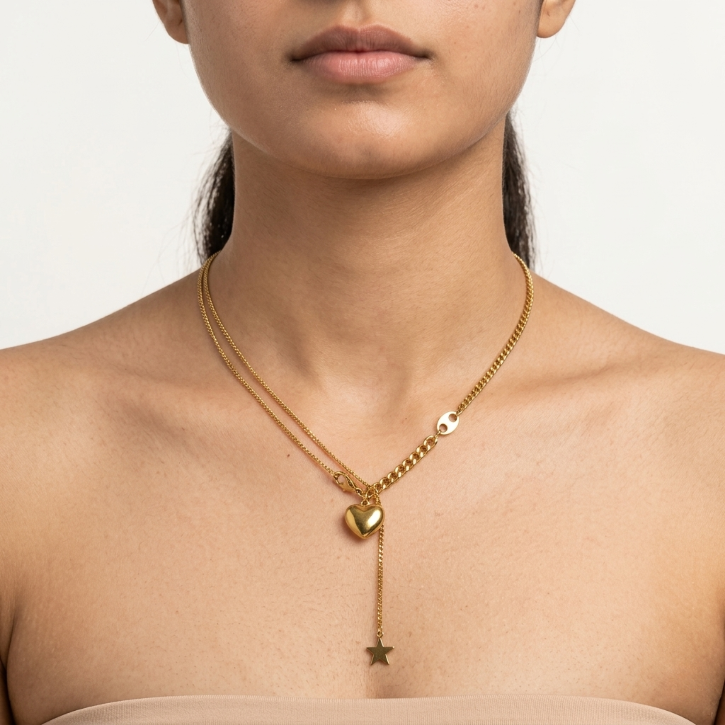 18K Gold Heart Charm Drop Necklace for Women – Layered Chain Pendant Necklace