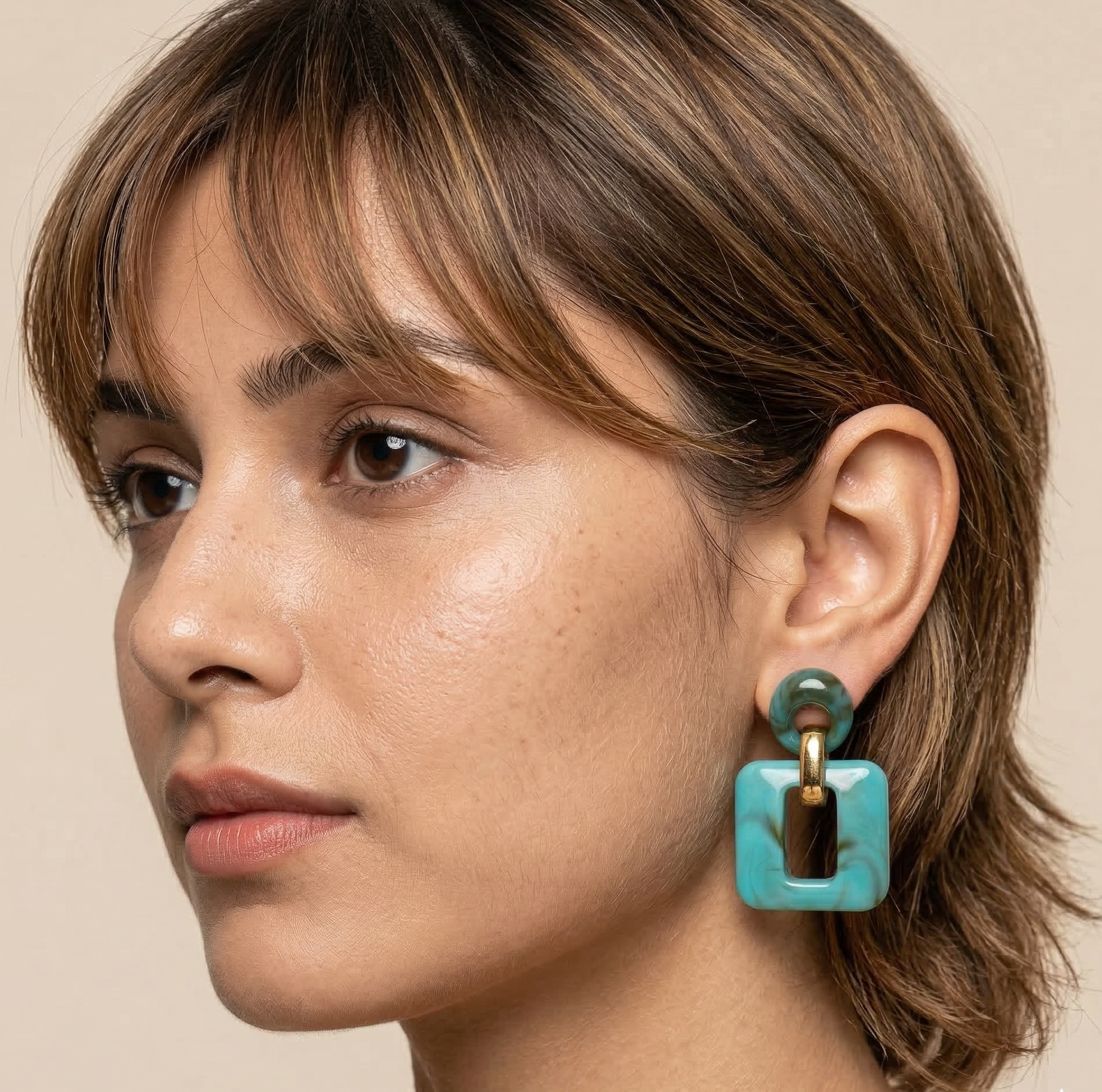 Turquoise Acrylic Geometric Dangle Earrings Gold Tone Studs