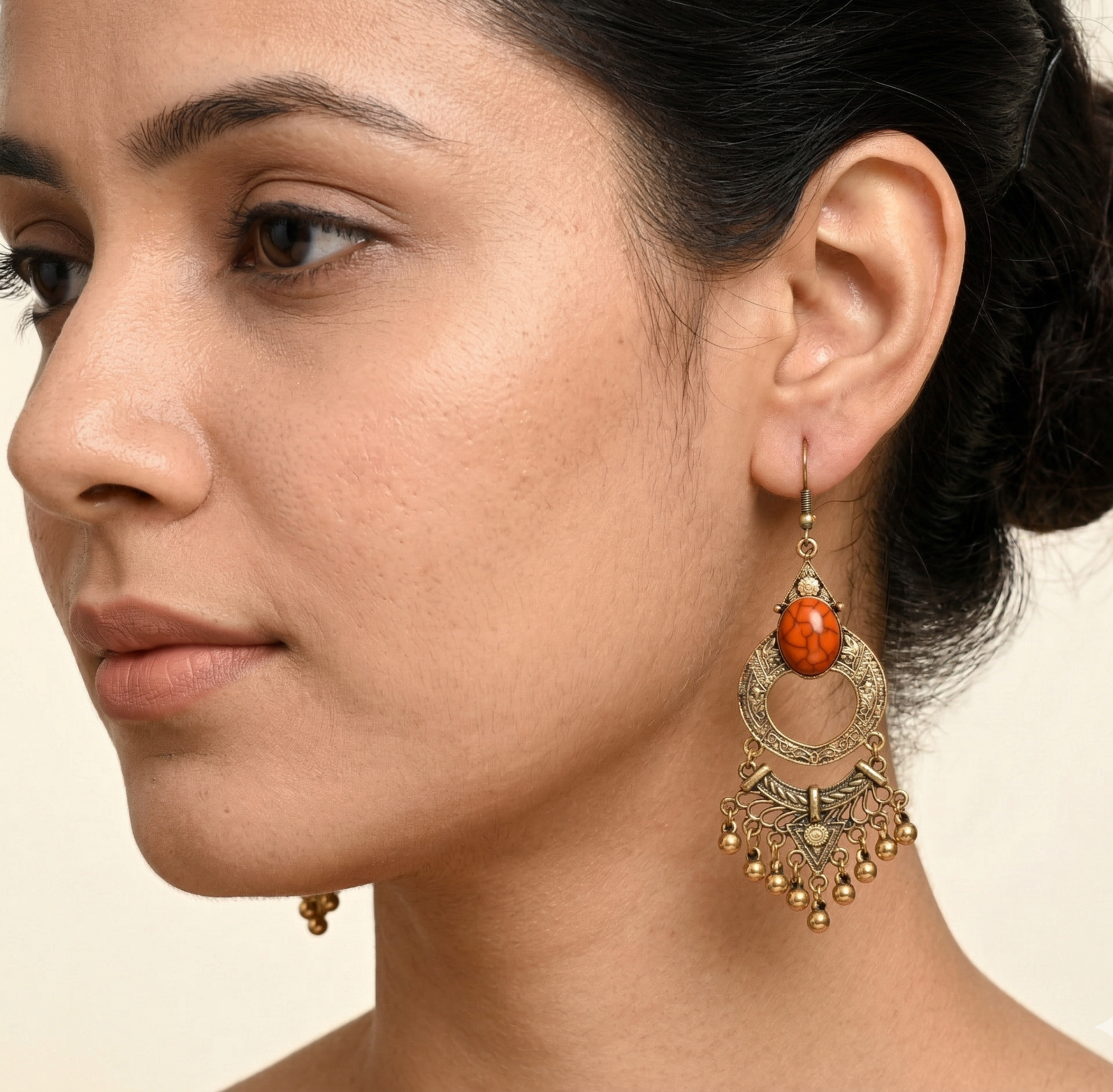 Vintage Bohemian Orange Stone Earrings Gold Tone Ethnic Drop Earrings