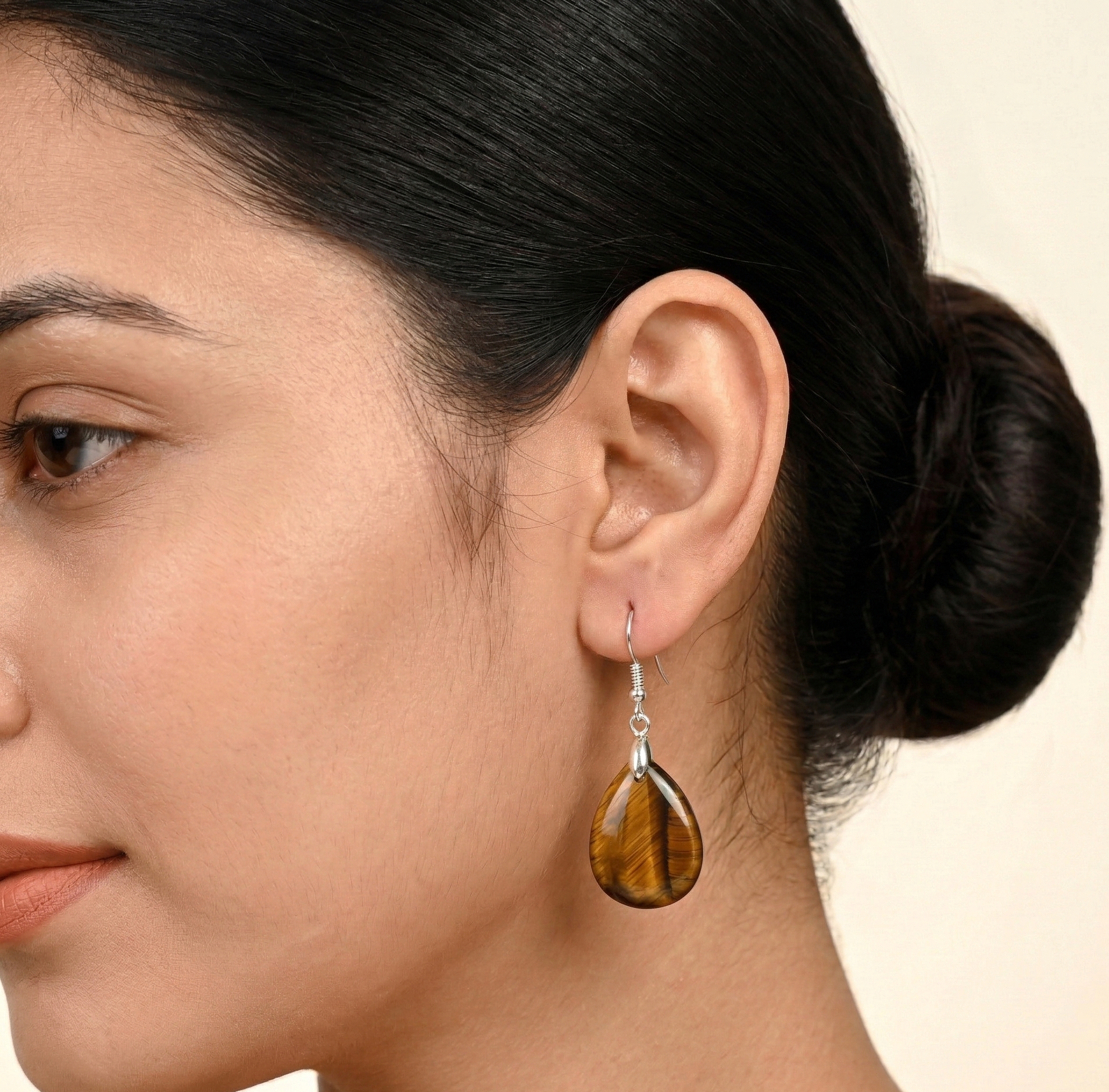 Tiger Eye Teardrop Dangle Earrings Silver Tone