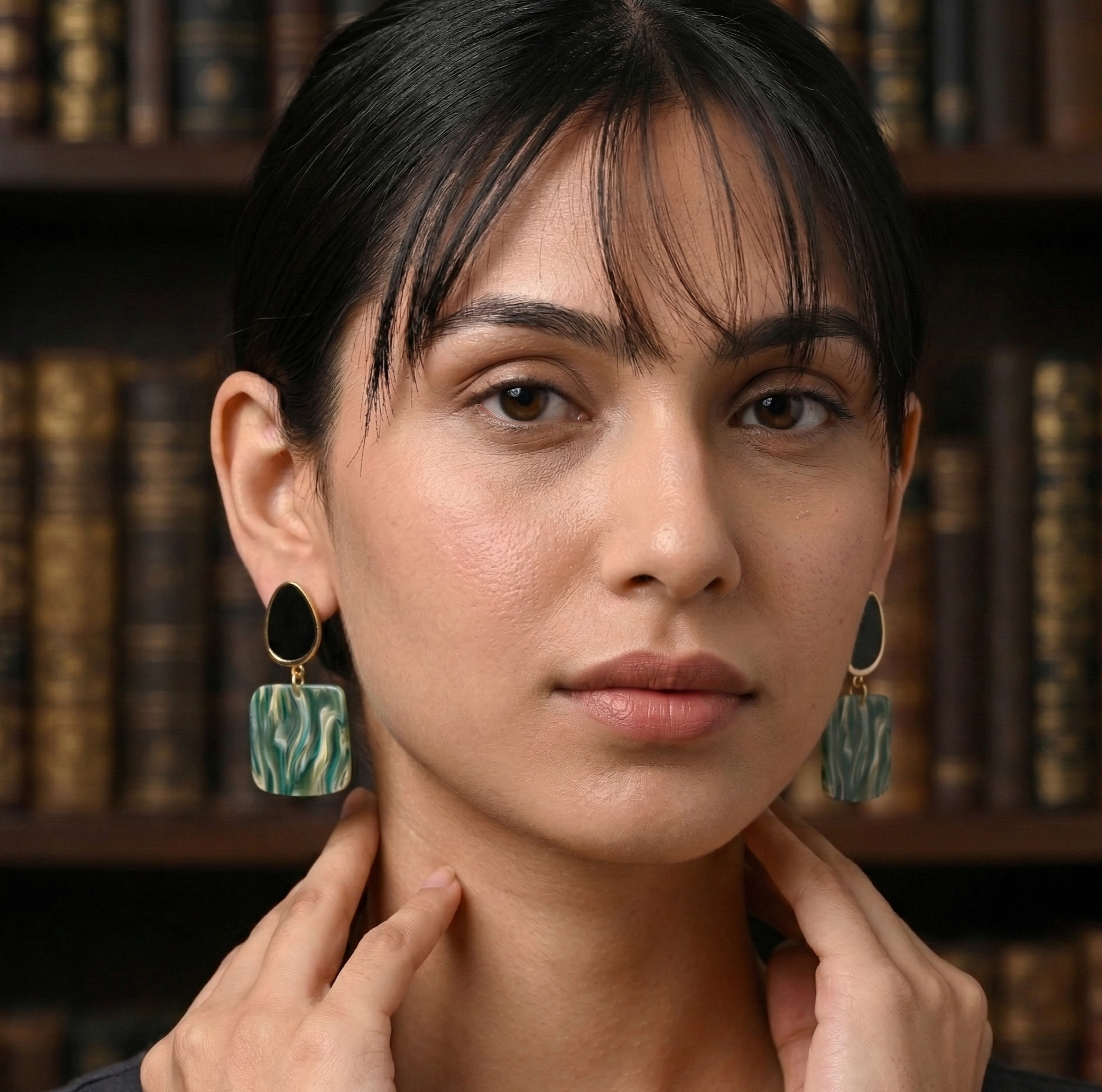 Green Marble Resin Drop Earrings Gold Tone Detail