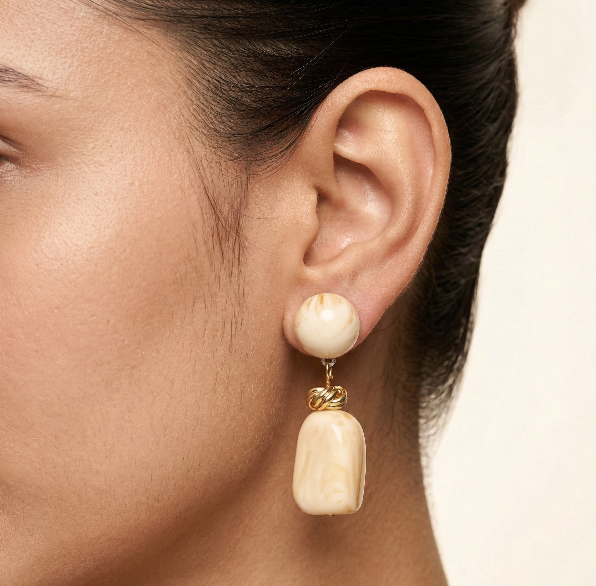 Cream Marble Resin Drop Earrings Gold Tone Knot Detail