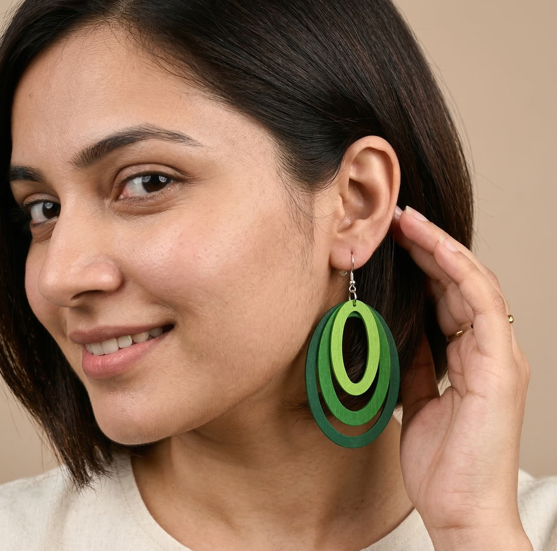 Layered Green Oval Drop Earrings