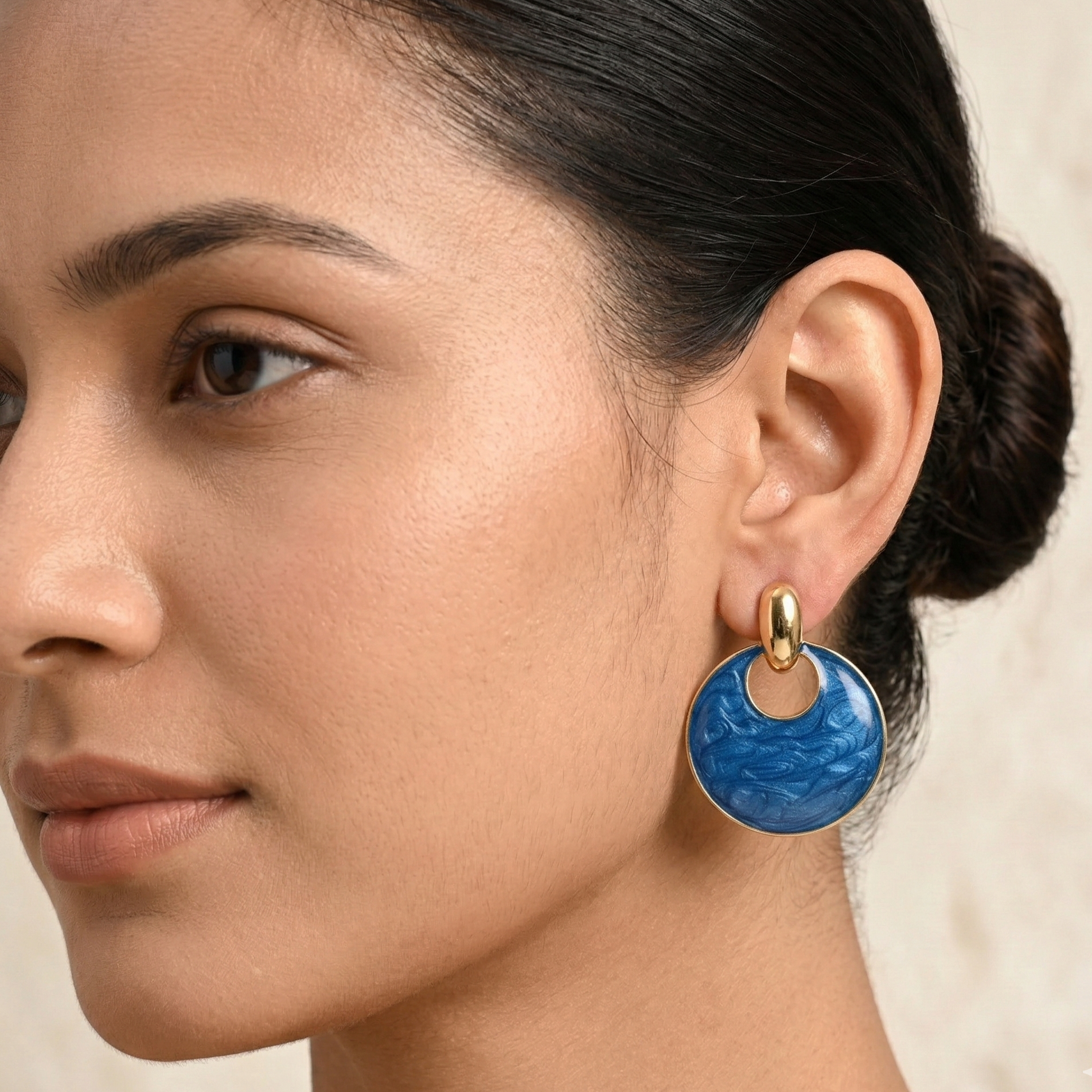 Blue Marbled Disc Drop Earrings Gold Tone Studs