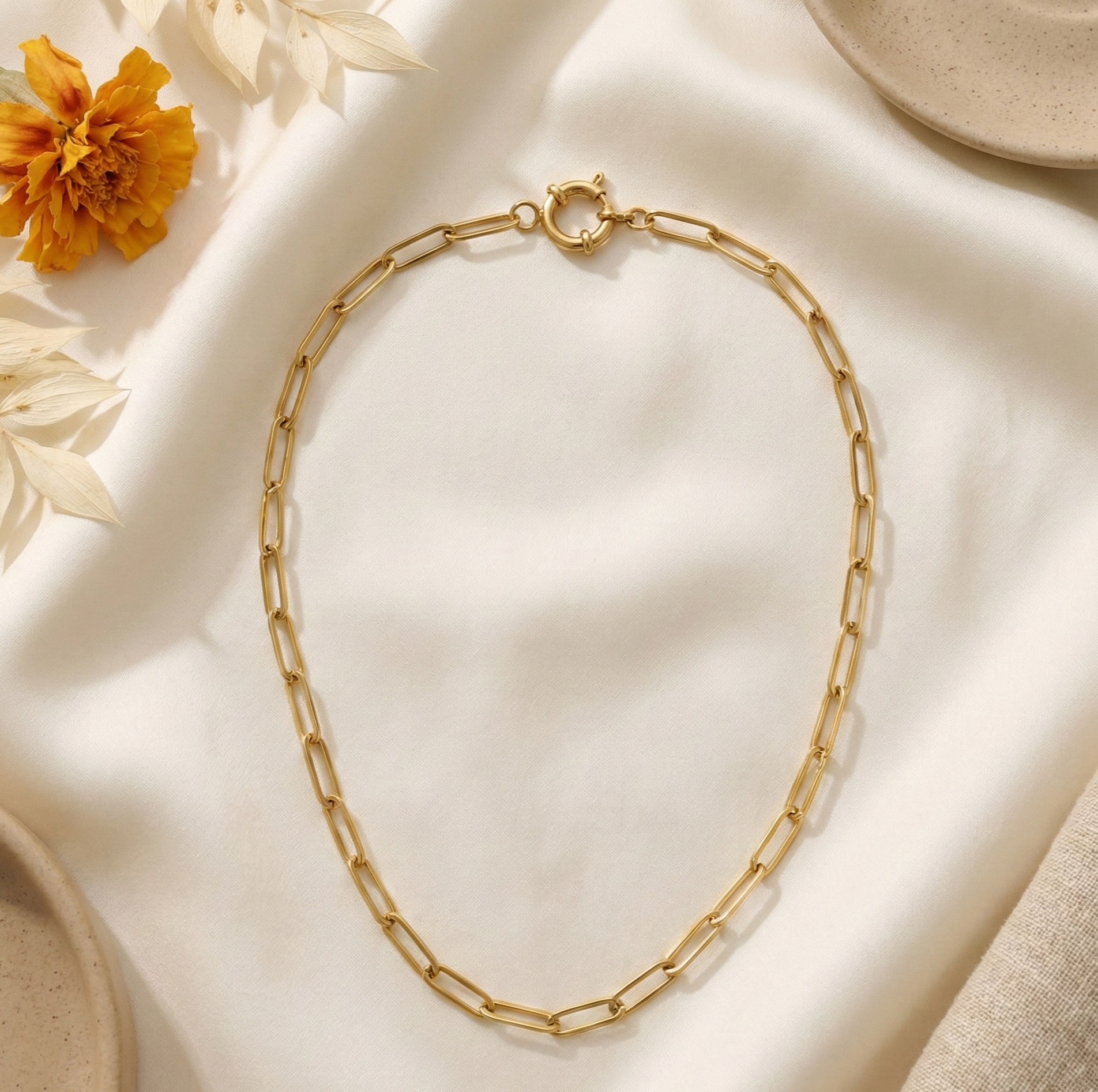 18K Gold Paperclip Chain Necklace for Women – Rectangle Link Stainless Steel Necklace