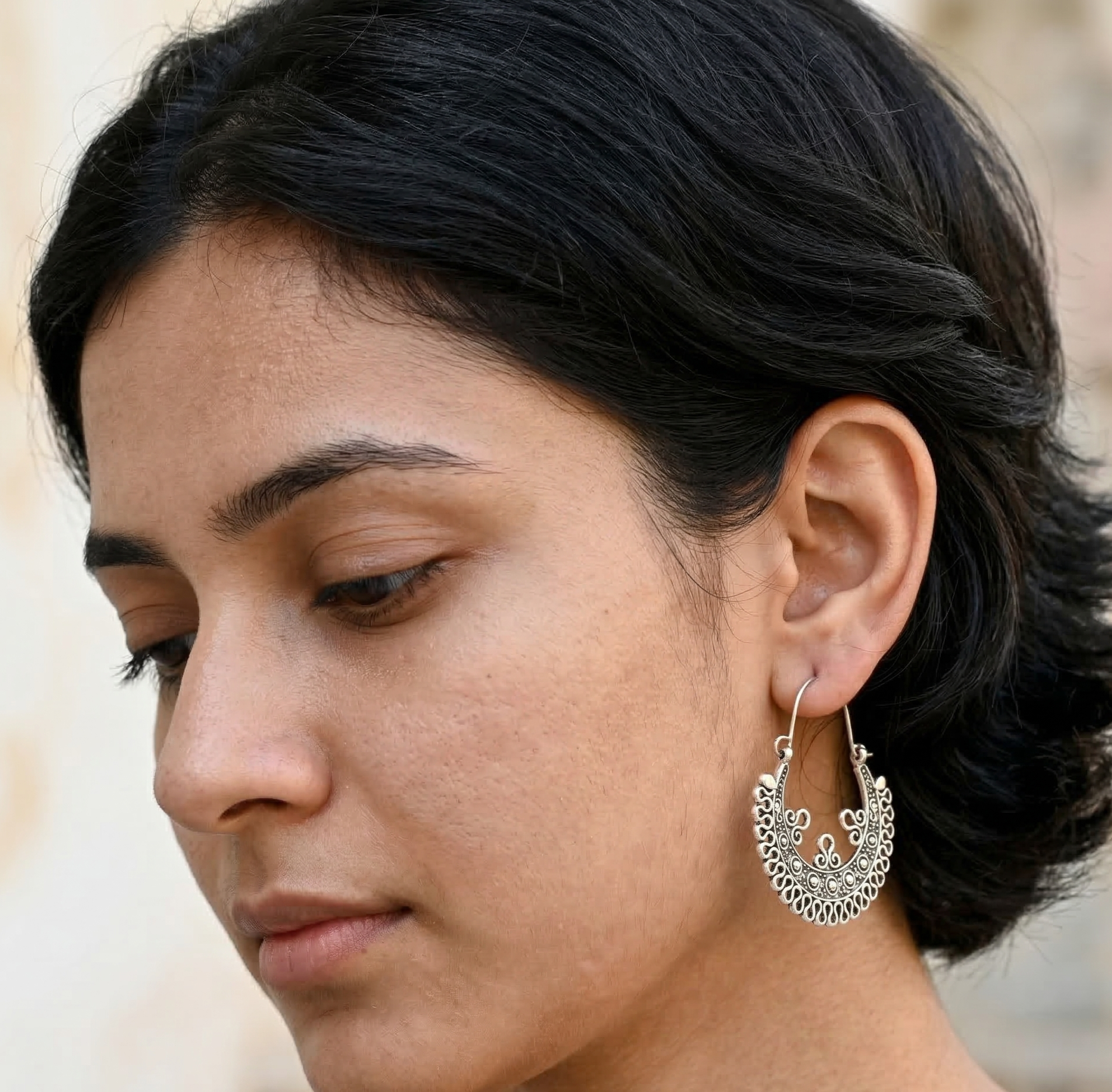 Antique Silver Carved Hoop Earrings Boho Ethnic Style