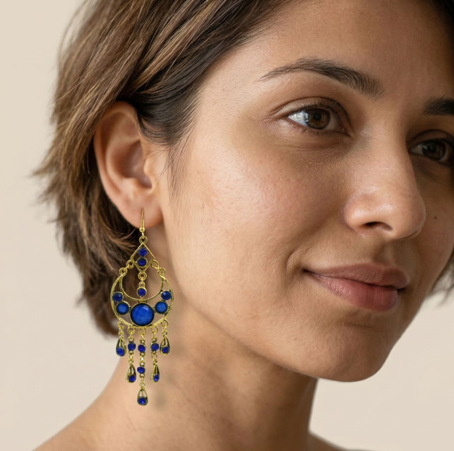 Bohemian Blue Stone Tassel Earrings Gold Tone Alloy
