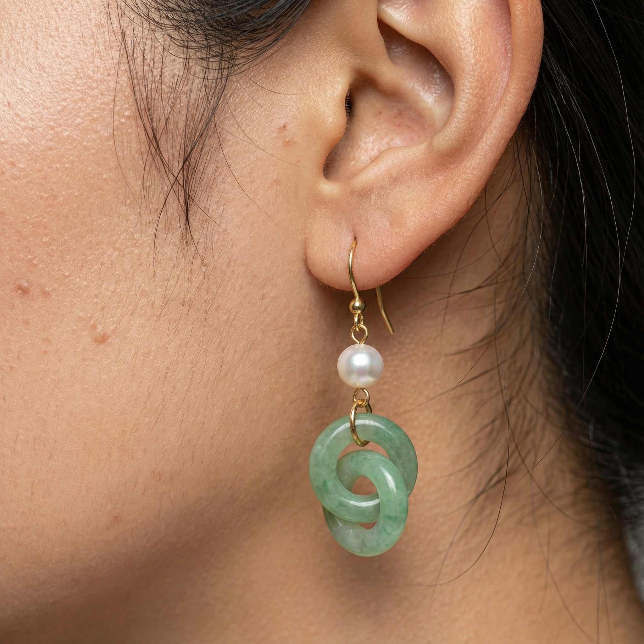 Mint Green Interlocking Resin Drop Earrings with Pearl Bead and Gold Tone Hooks