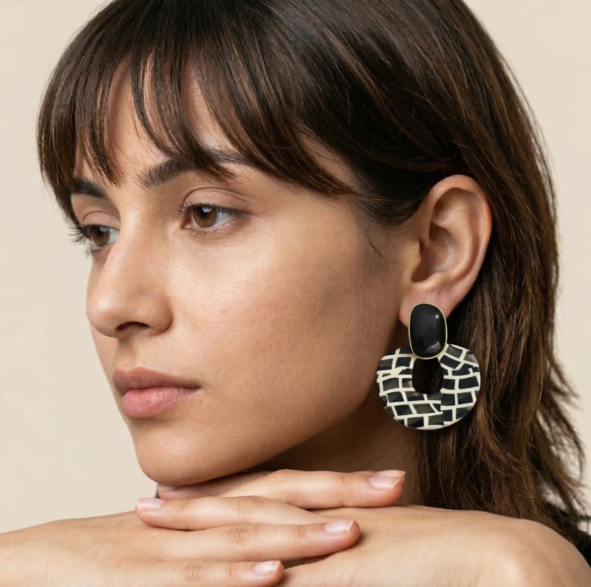 Black and Cream Acrylic Statement Drop Earrings Gold Tone Studs
