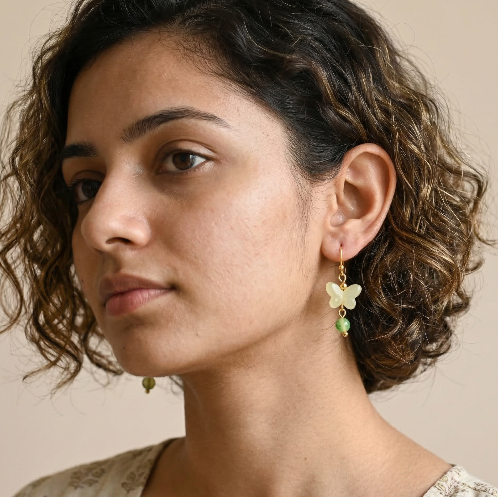 Butterfly Bead Drop Earrings for Women in Jade Green and Gold Tone