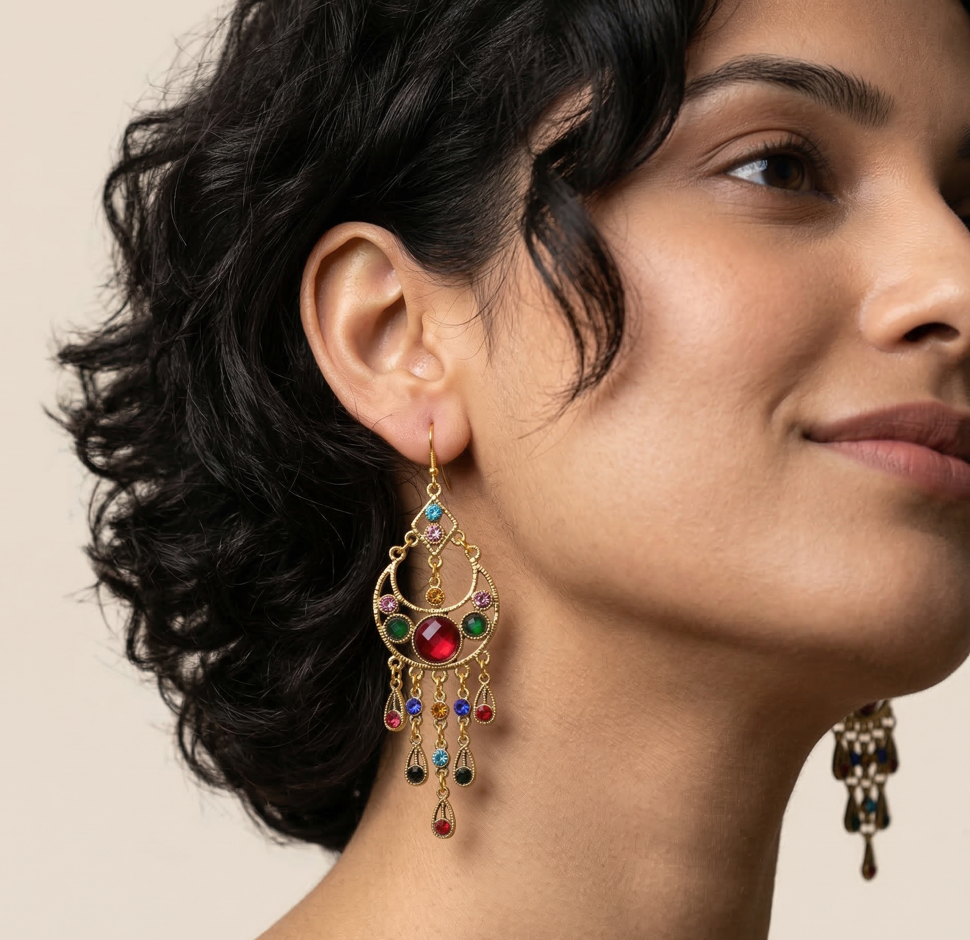 Bohemian Multicolor Stone Tassel Earrings Gold Tone Alloy