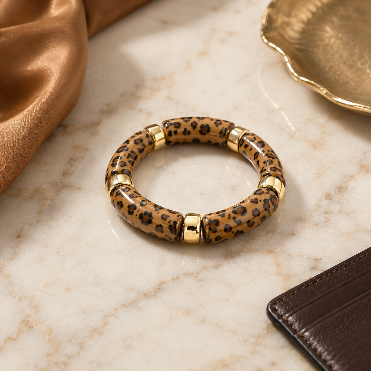Leopard Print Acrylic Beaded Stretch Bracelet with Gold Accents