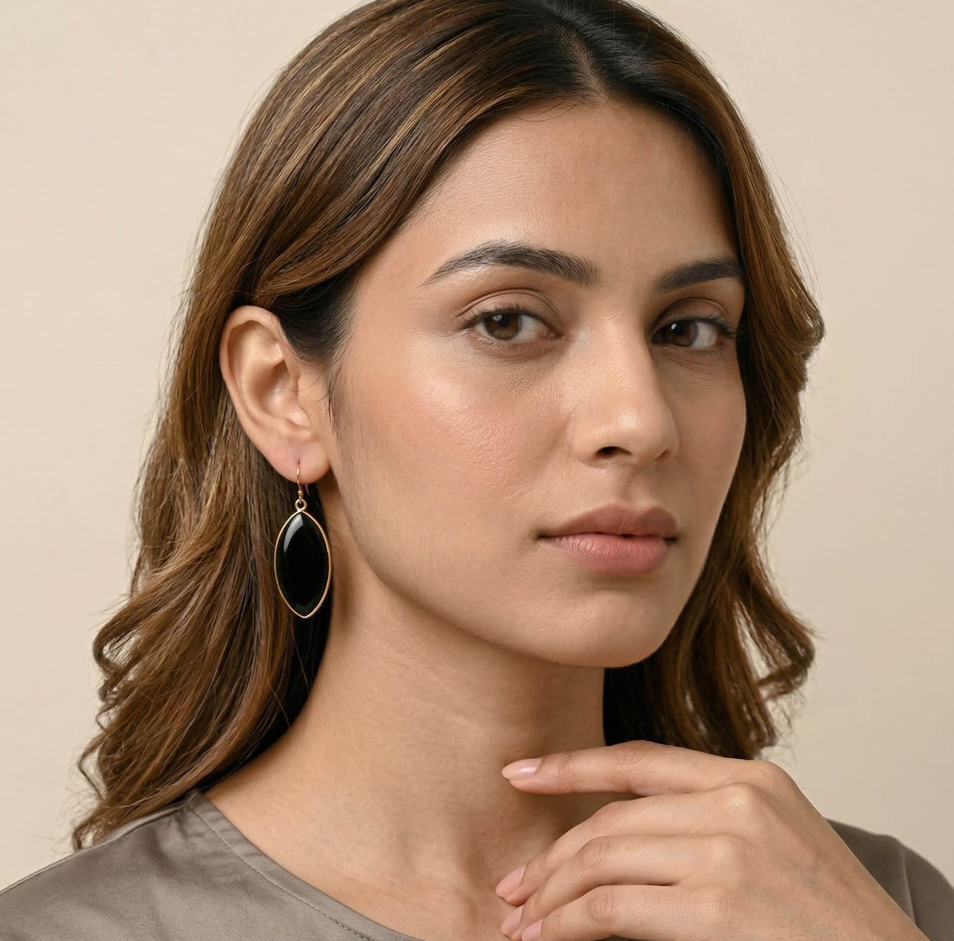 Black obsidian Stone Drop Earrings Gold Tone Hook Earrings