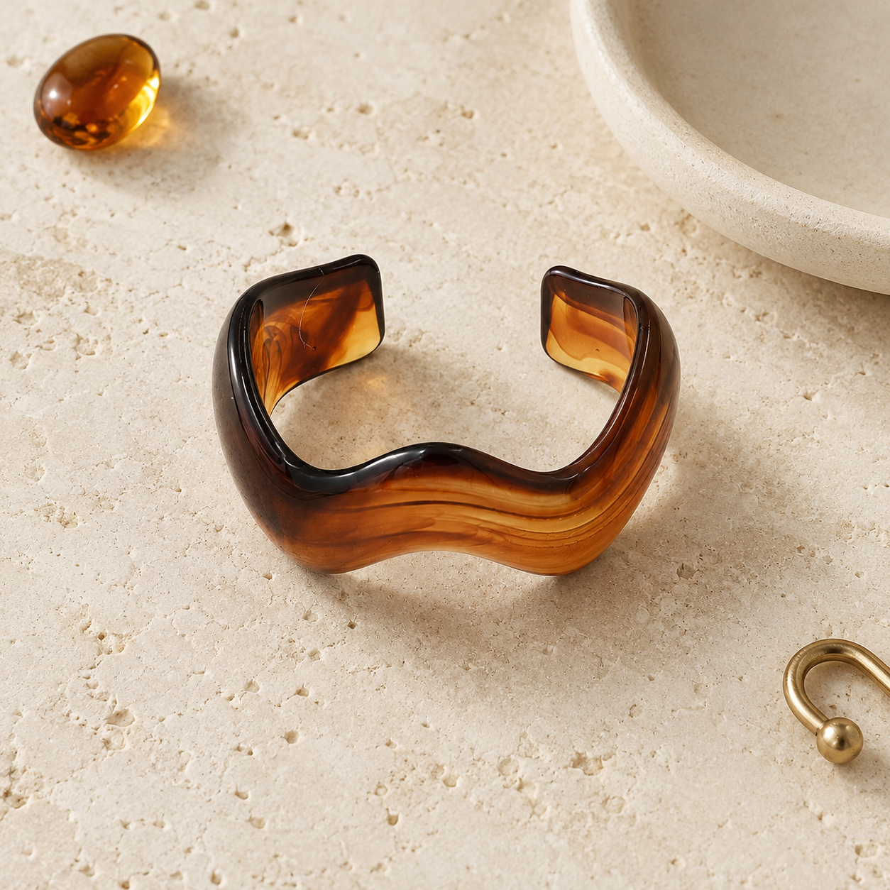 Brown Marble Wave Resin Open Cuff Bracelet for Women