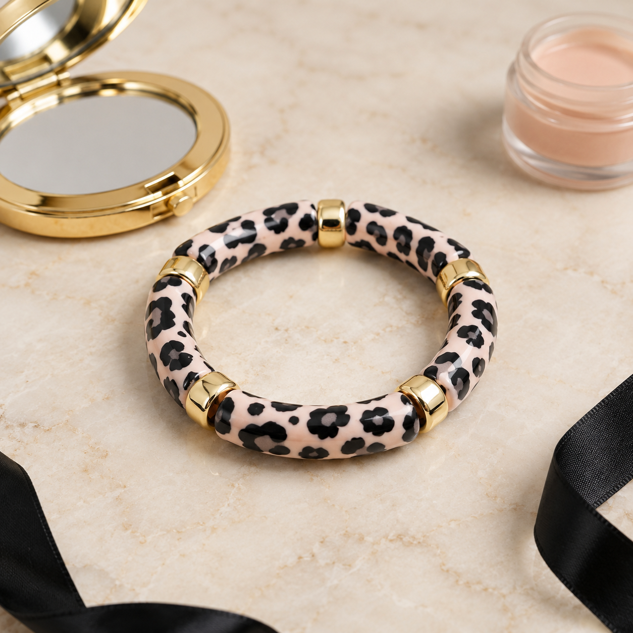 Pink Leopard Print Acrylic Beaded Stretch Bracelet with Gold Accents for Women
