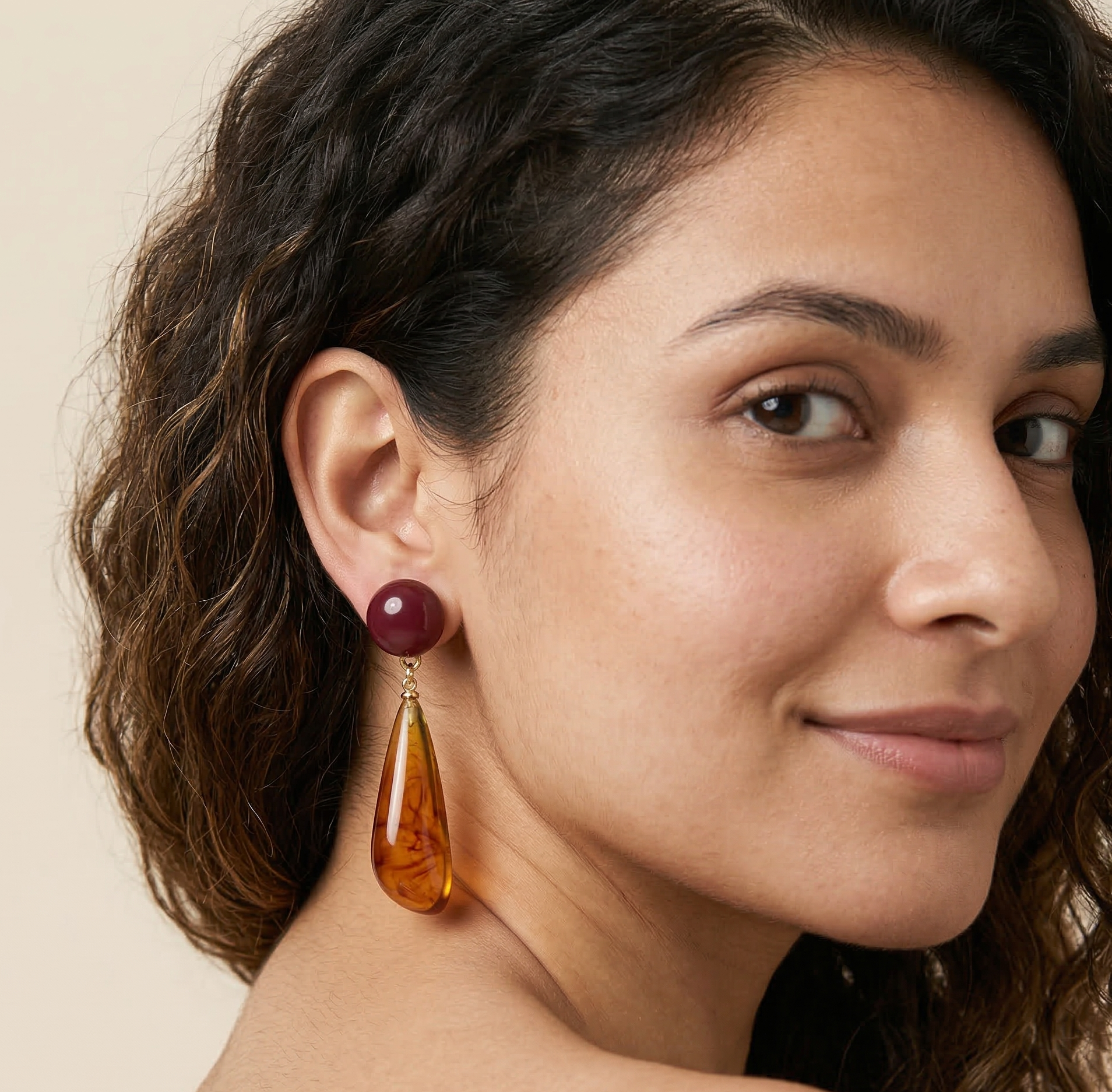 Amber Resin Teardrop Drop Earrings for Women in Wine Red and Gold Tone