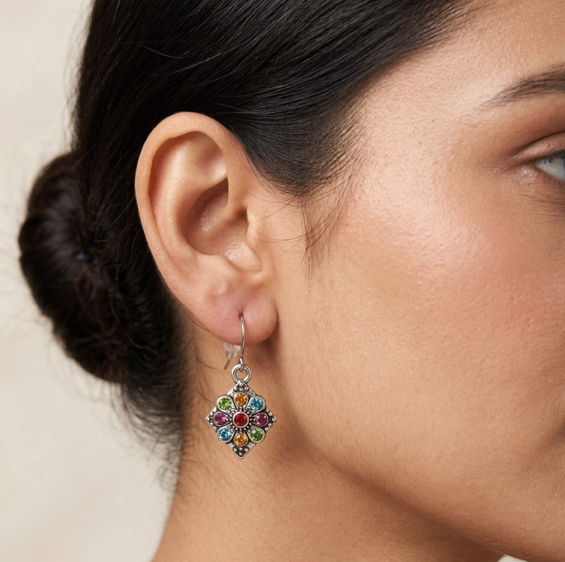 Vintage Multicolor Crystal Drop Earrings Silver Tone Alloy