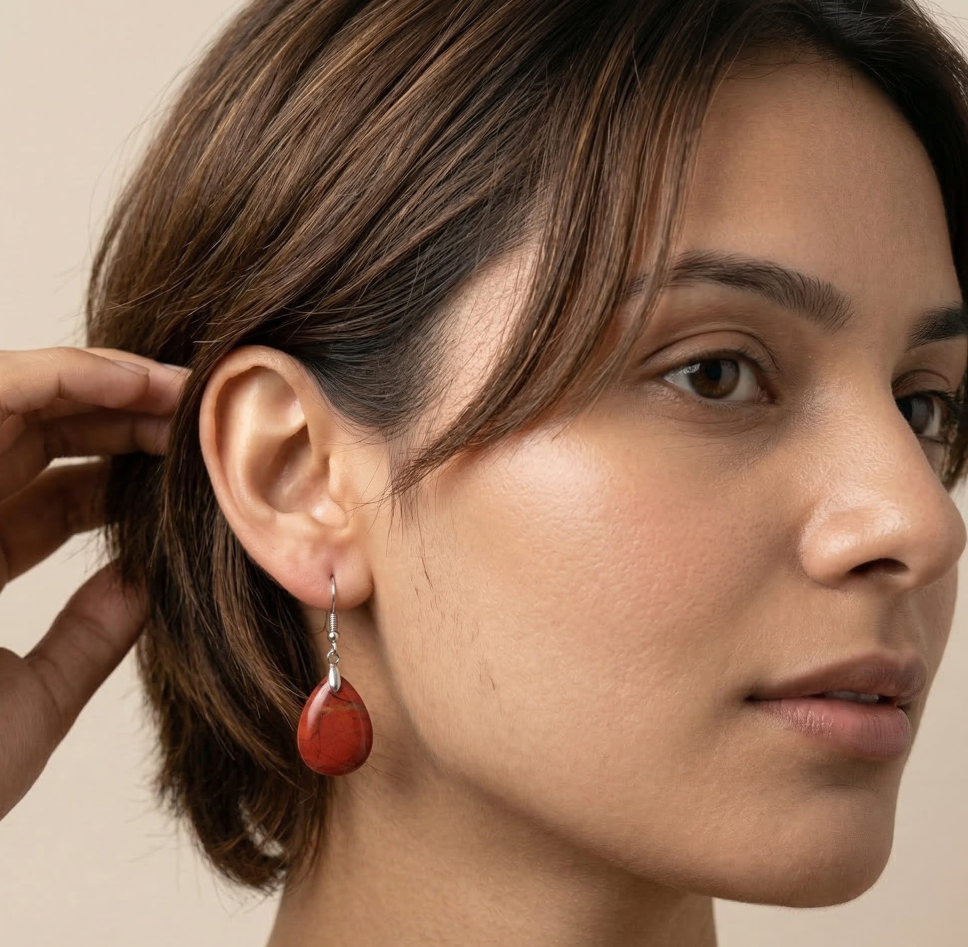 Red Jasper Teardrop Dangle Earrings Silver Tone Hook