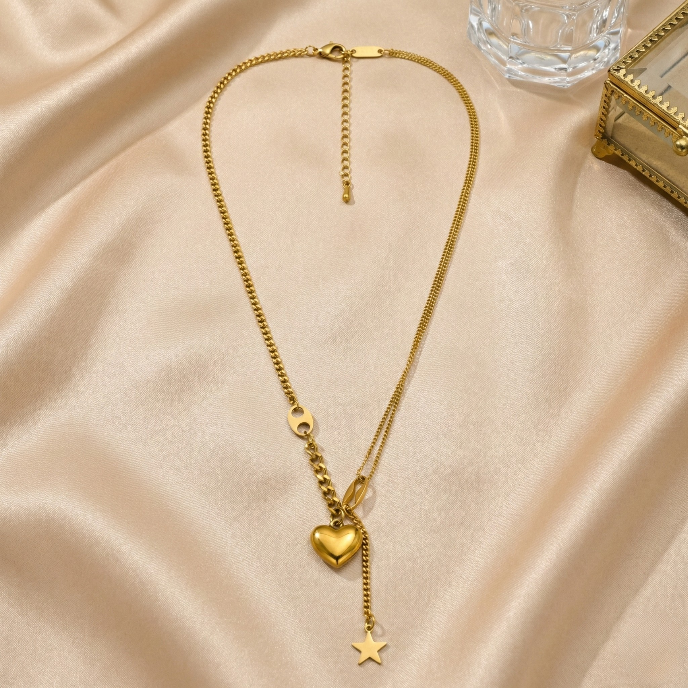 18K Gold Heart Charm Drop Necklace for Women – Layered Chain Pendant Necklace
