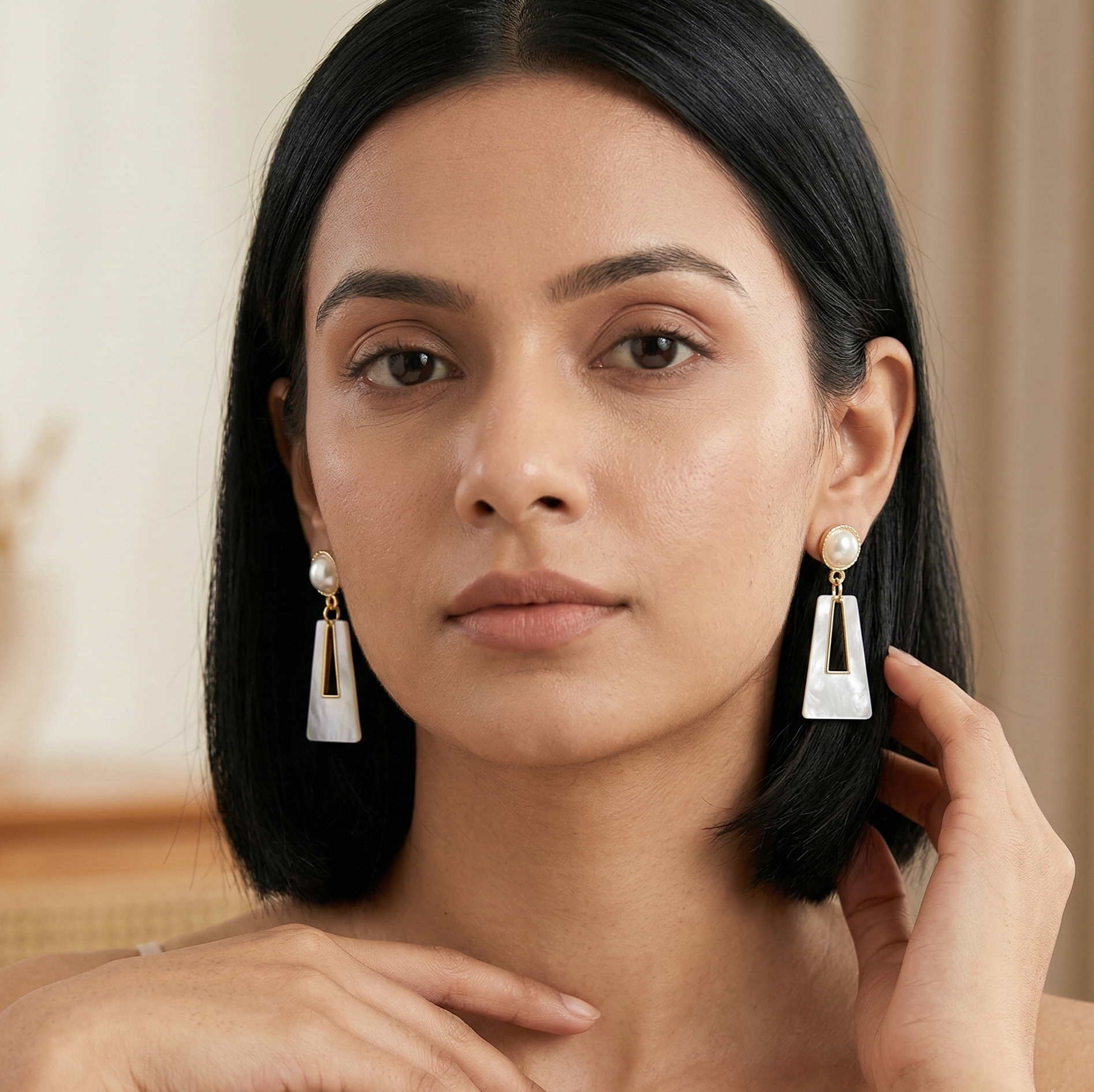 Pearl and White Geometric Drop Earrings Gold Tone Detail