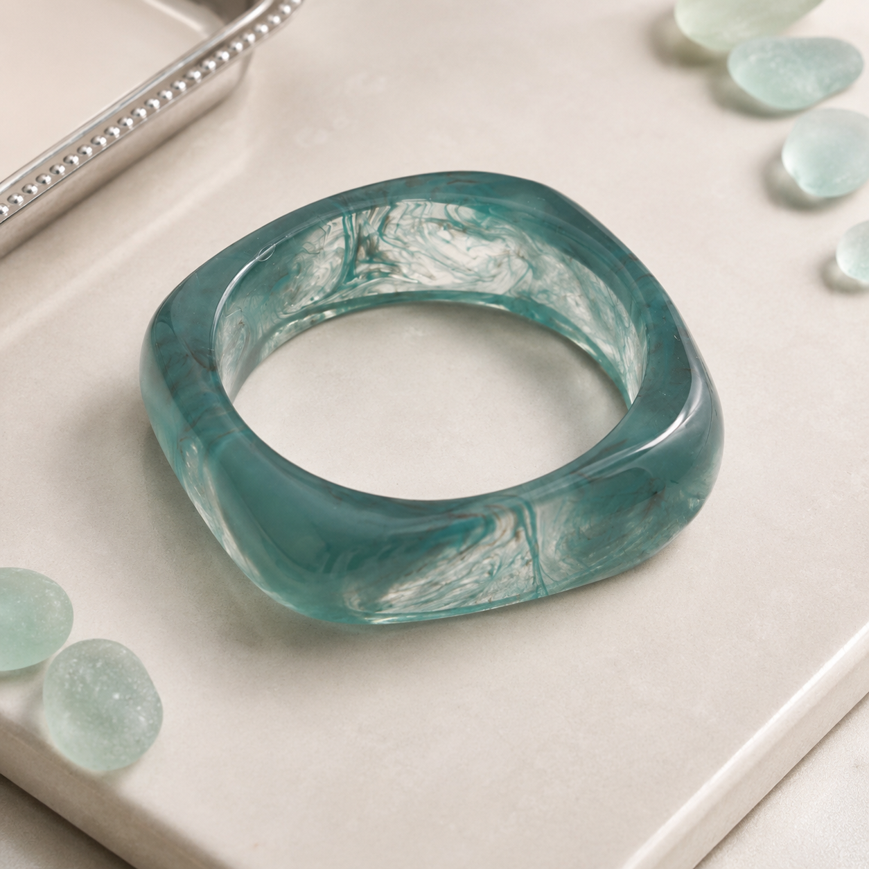 Sea Green Pearlescent Geometric Resin Bangle Bracelet for Women