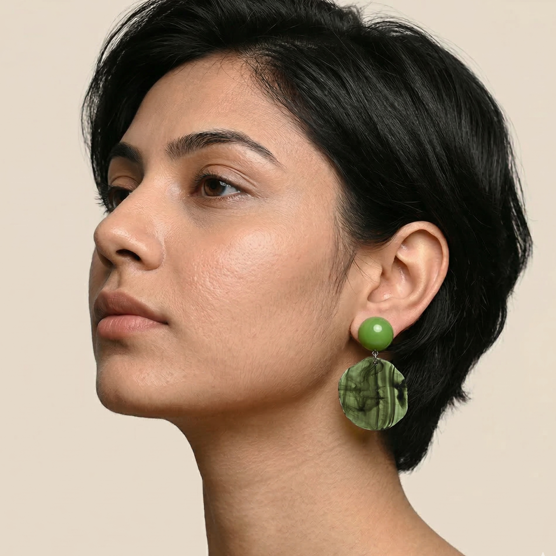 Translucent Green Disc Drop Earrings Silver Tone Detail