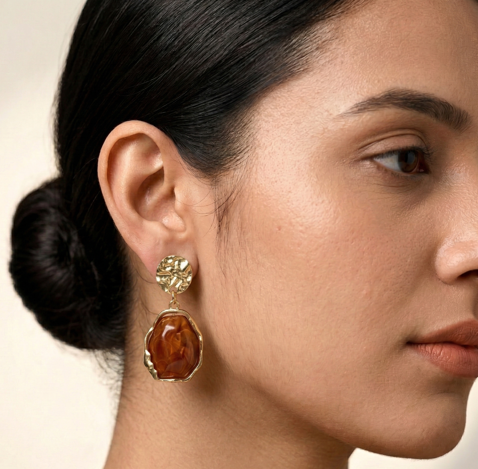 Amber Resin Statement Drop Earrings with Textured Gold Tone Studs