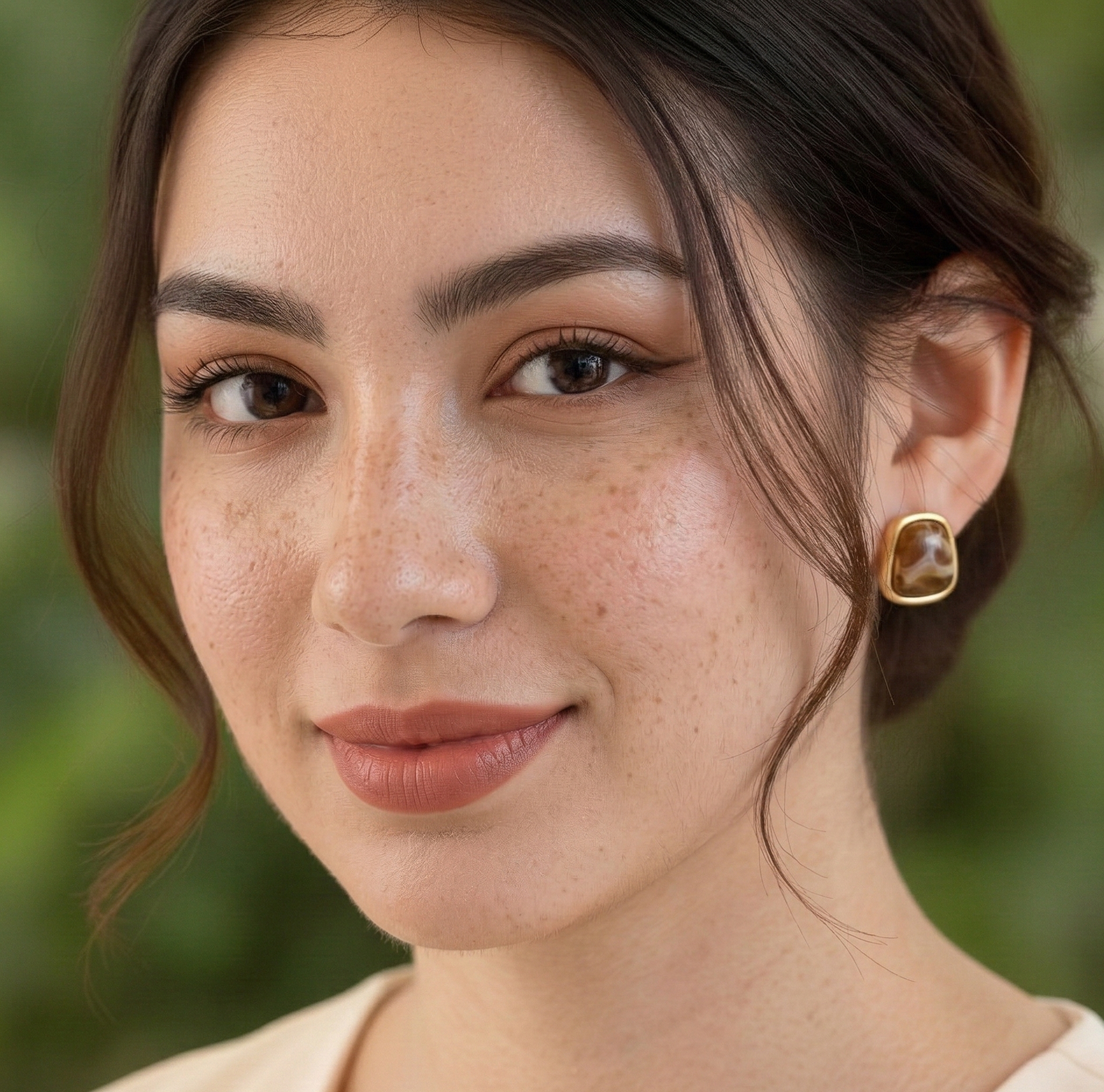 Coffee Brown Resin Square Stud Earrings with Gold Tone Frame