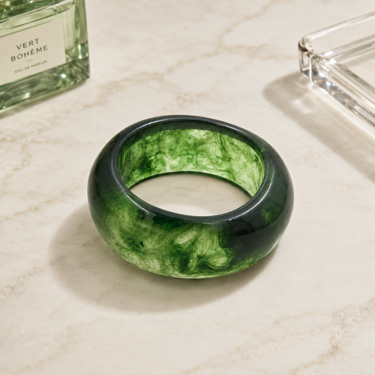 Forest Green Wide Marbled Resin Bangle Bracelet for Women