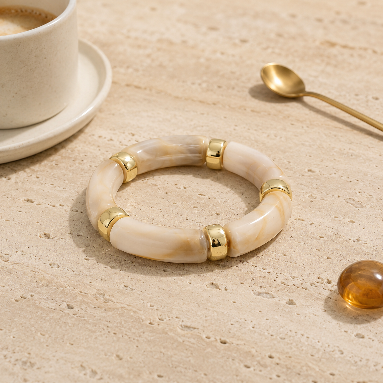 Cream Marble Acrylic Beaded Stretch Bracelet with Gold Accents for Women