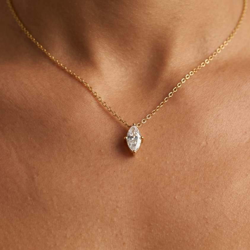 18K Gold Marquise Solitaire Necklace for Women – Dainty Pendant Chain