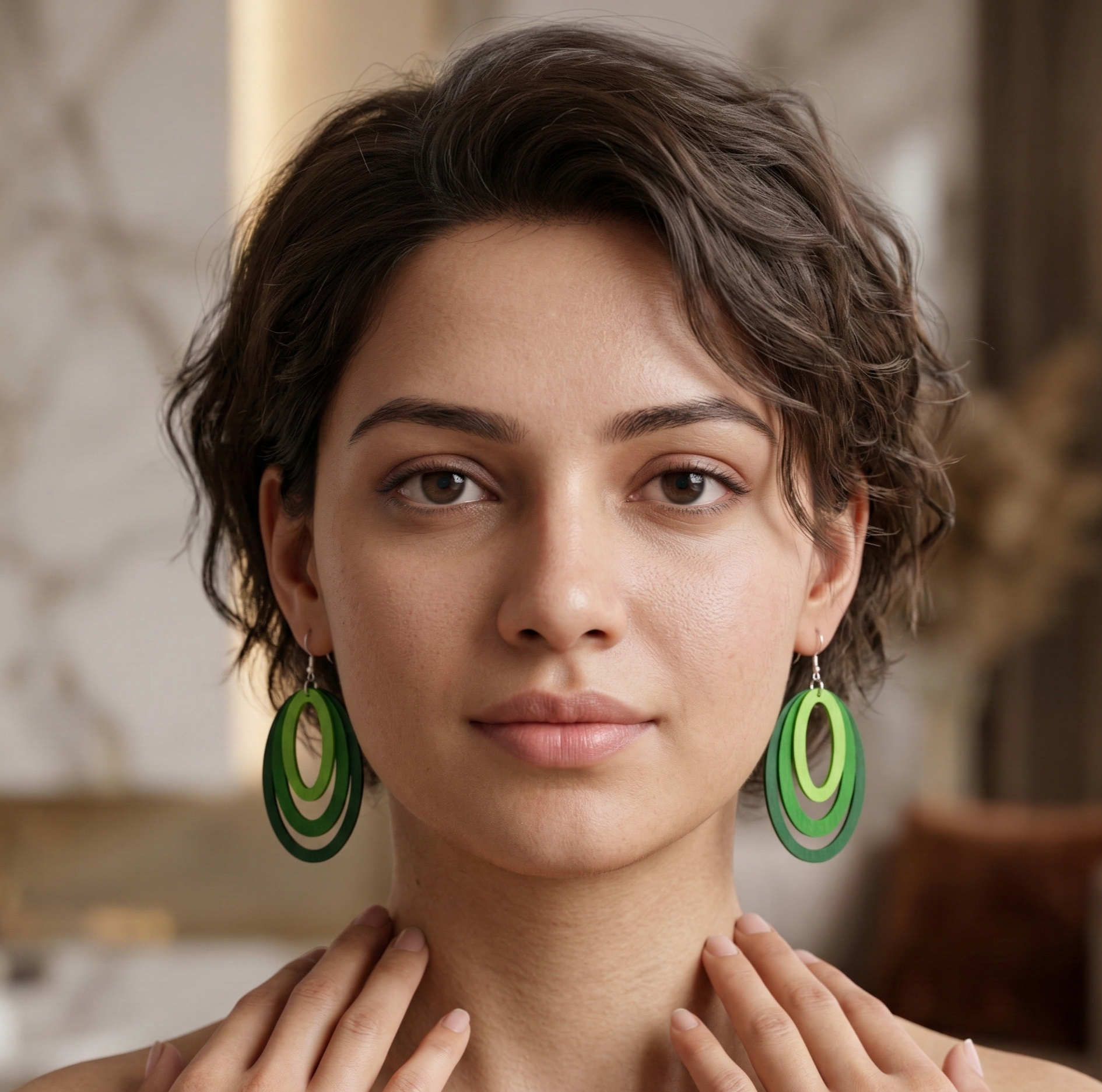 Layered Green Oval Drop Earrings