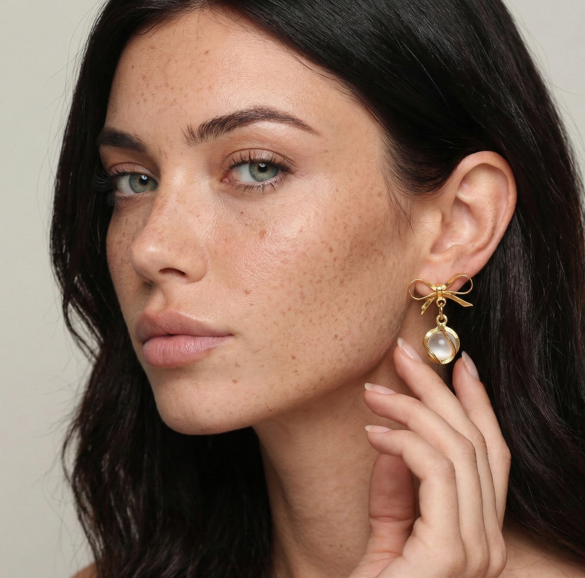 Gold Plated Bow Cat Eye Dangle Earrings