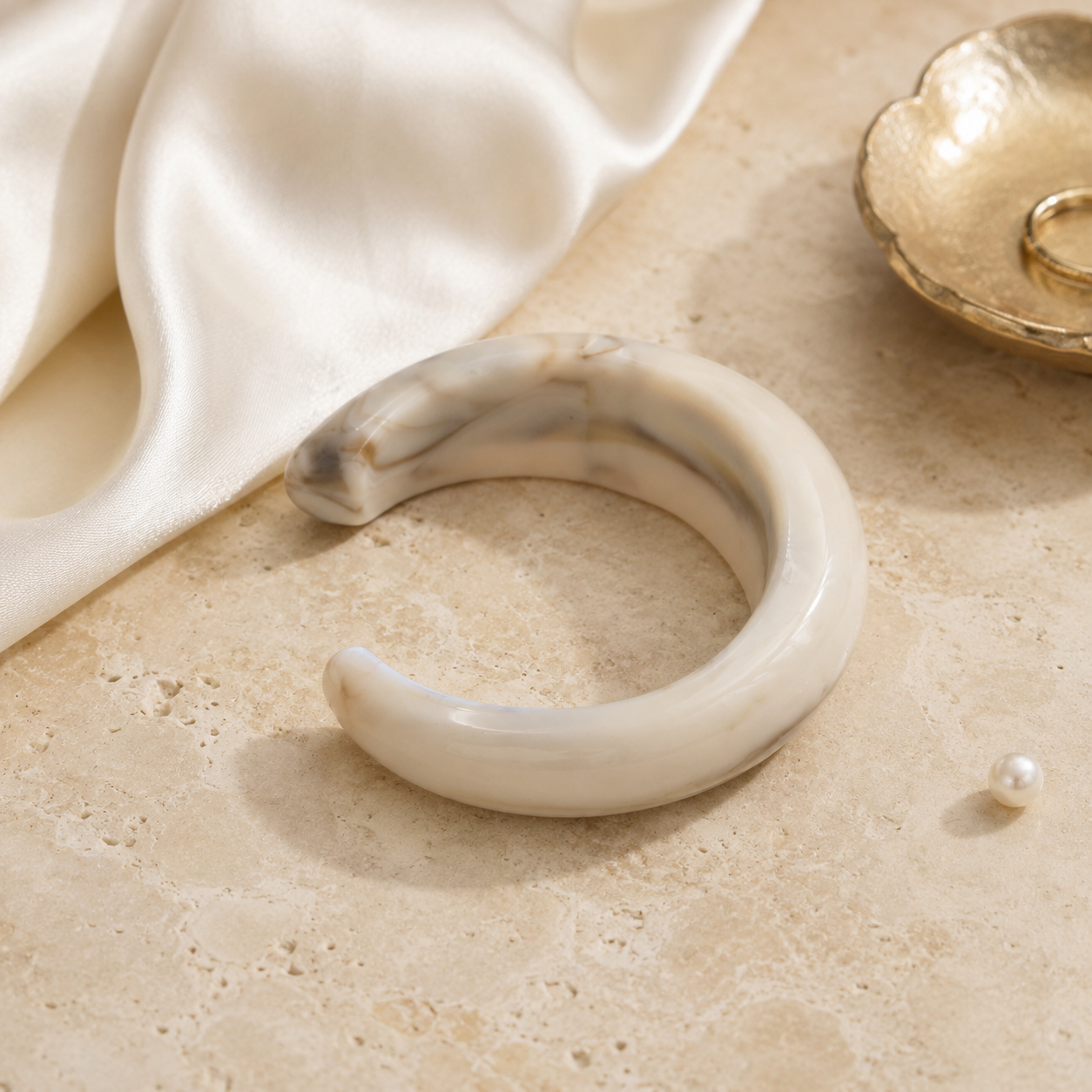 Cream Marble Open Resin Cuff Bangle Bracelet for Women