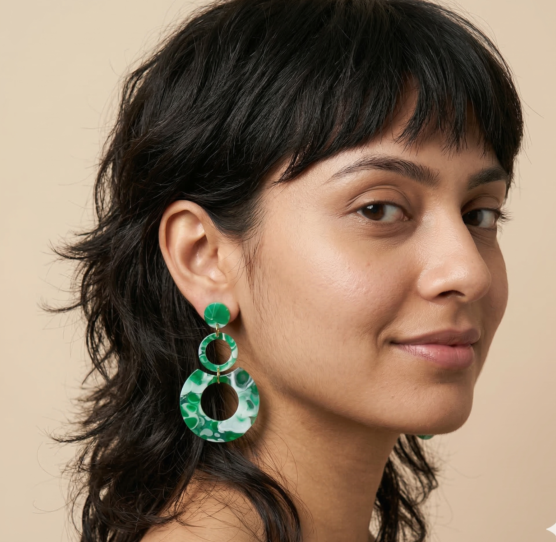 Green Marble Resin Circle Drop Earrings Gold Tone Studs