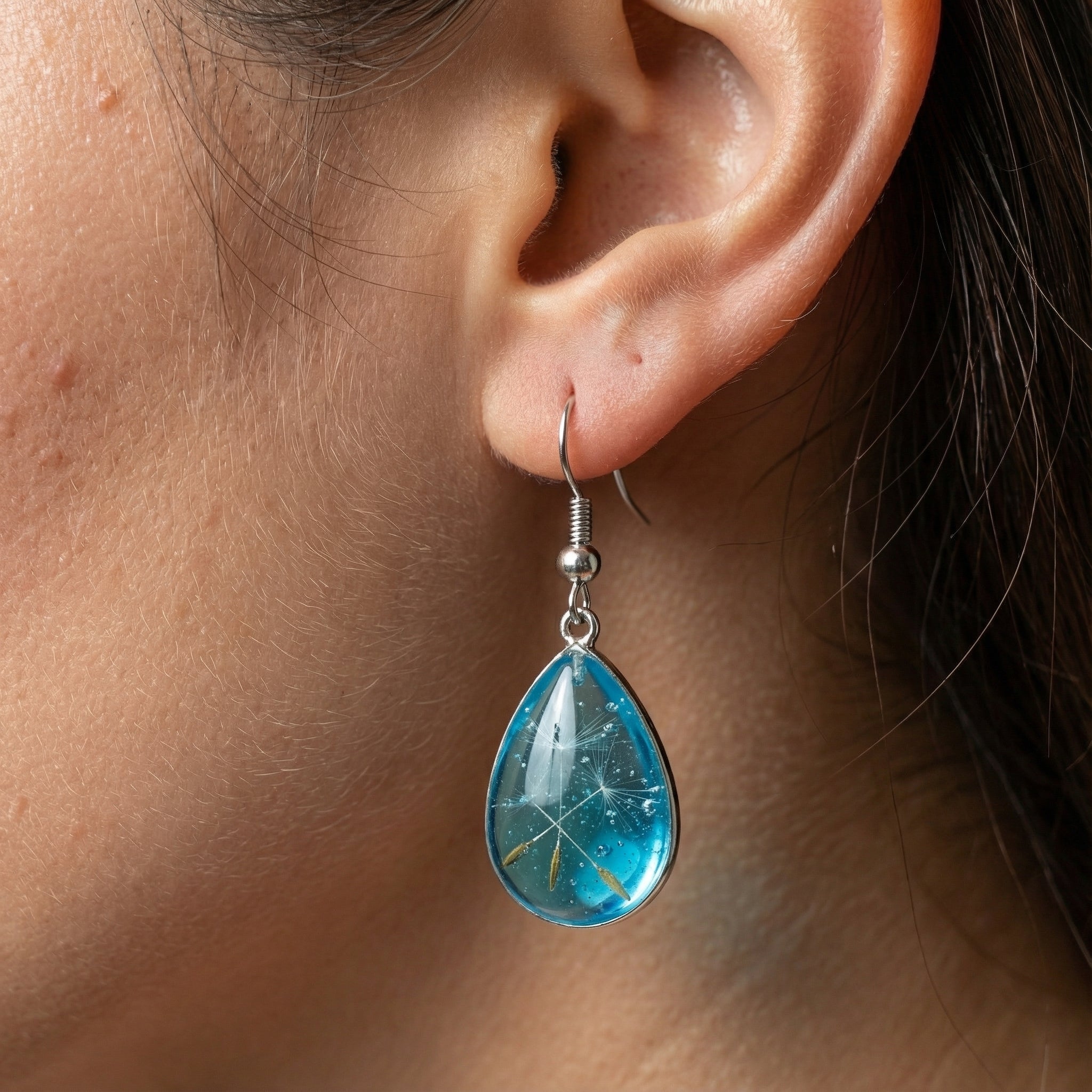 Sky Blue Dandelion Resin Teardrop Earrings Stainless Steel Hooks