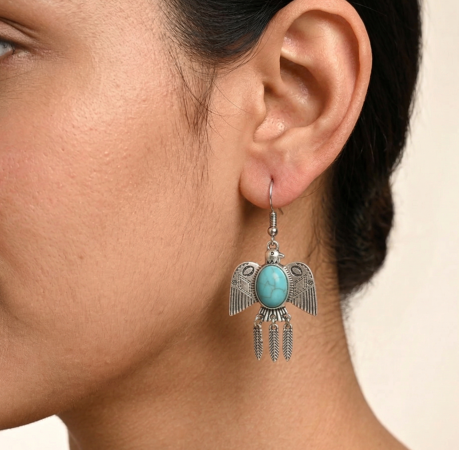 Bohemian Turquoise Bird Drop Earrings Silver Tone Alloy