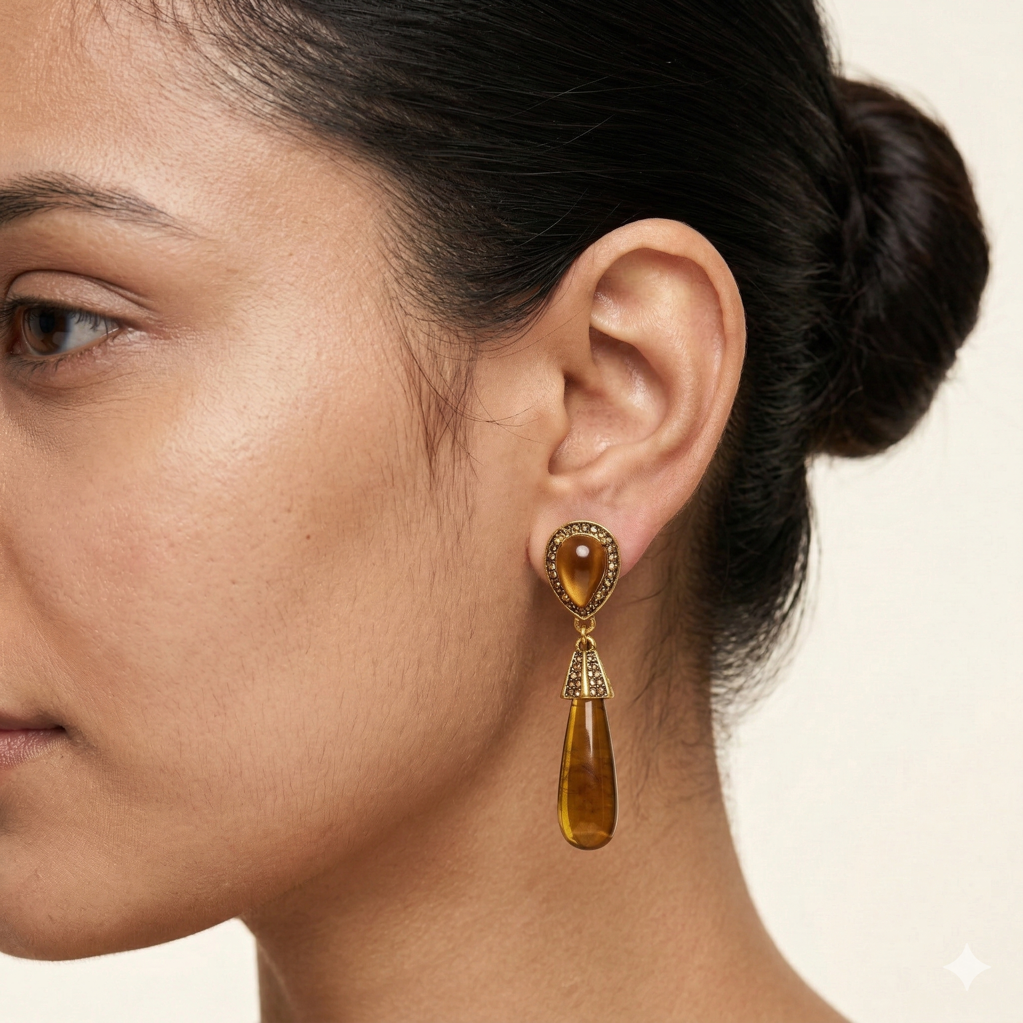 Tiger Eye Style Water Drop Dangle Earrings Gold Tone Studs