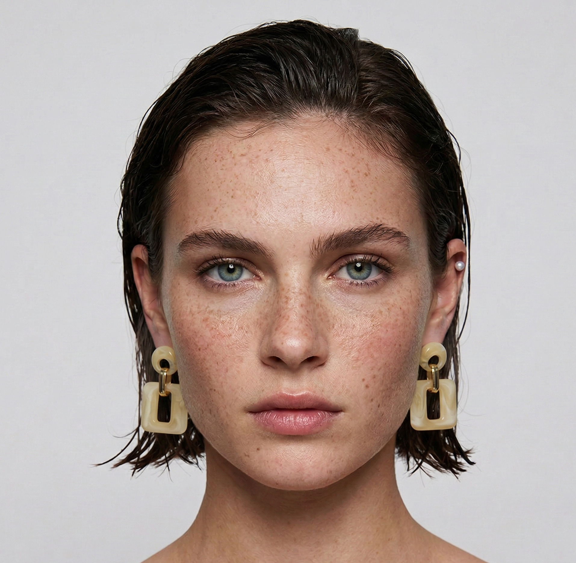 Cream Resin Open Square Drop Earrings Gold Tone Detail