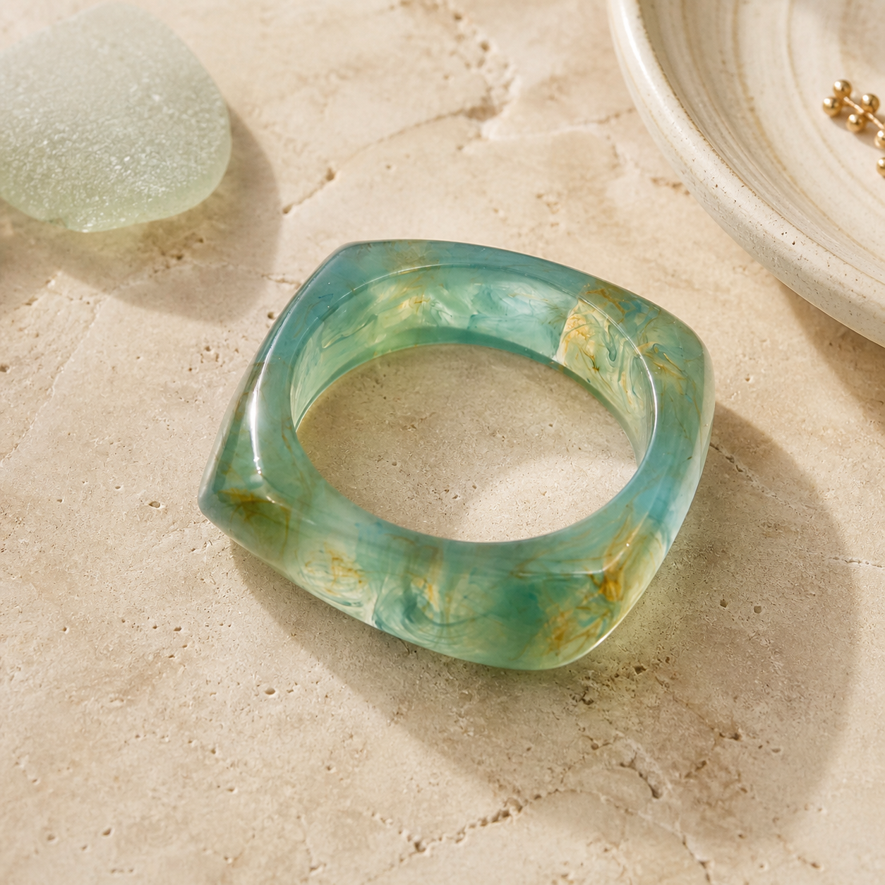 Green Marble Resin Square Bangle Bracelet for Women