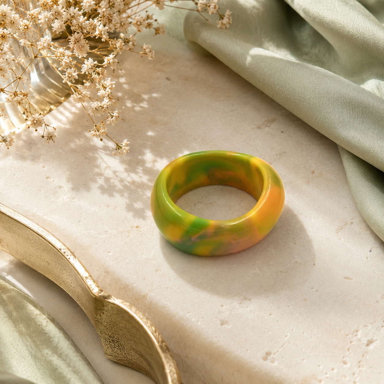Yellow Green Marbled Resin Chunky Bangle Bracelet for Women