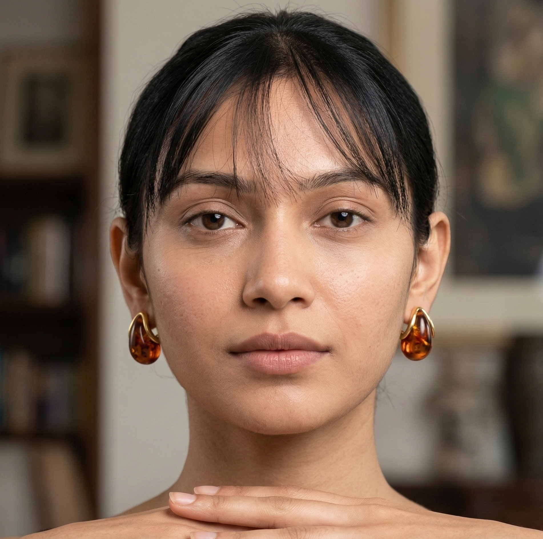 Amber Teardrop Resin Stud Earrings for Women with Gold Tone Detail