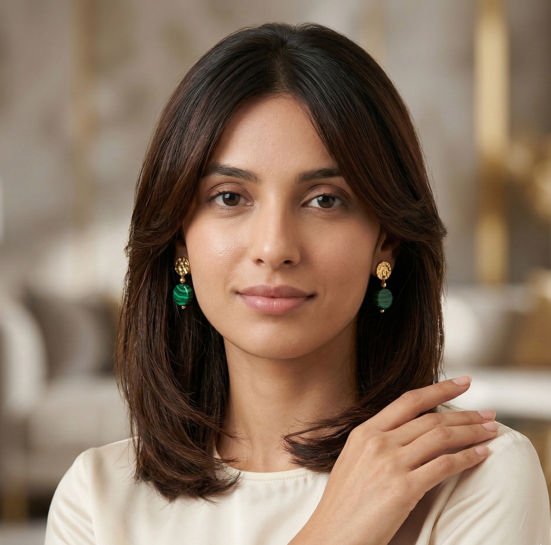 Malachite Drop Earrings Gold Tone Metal
